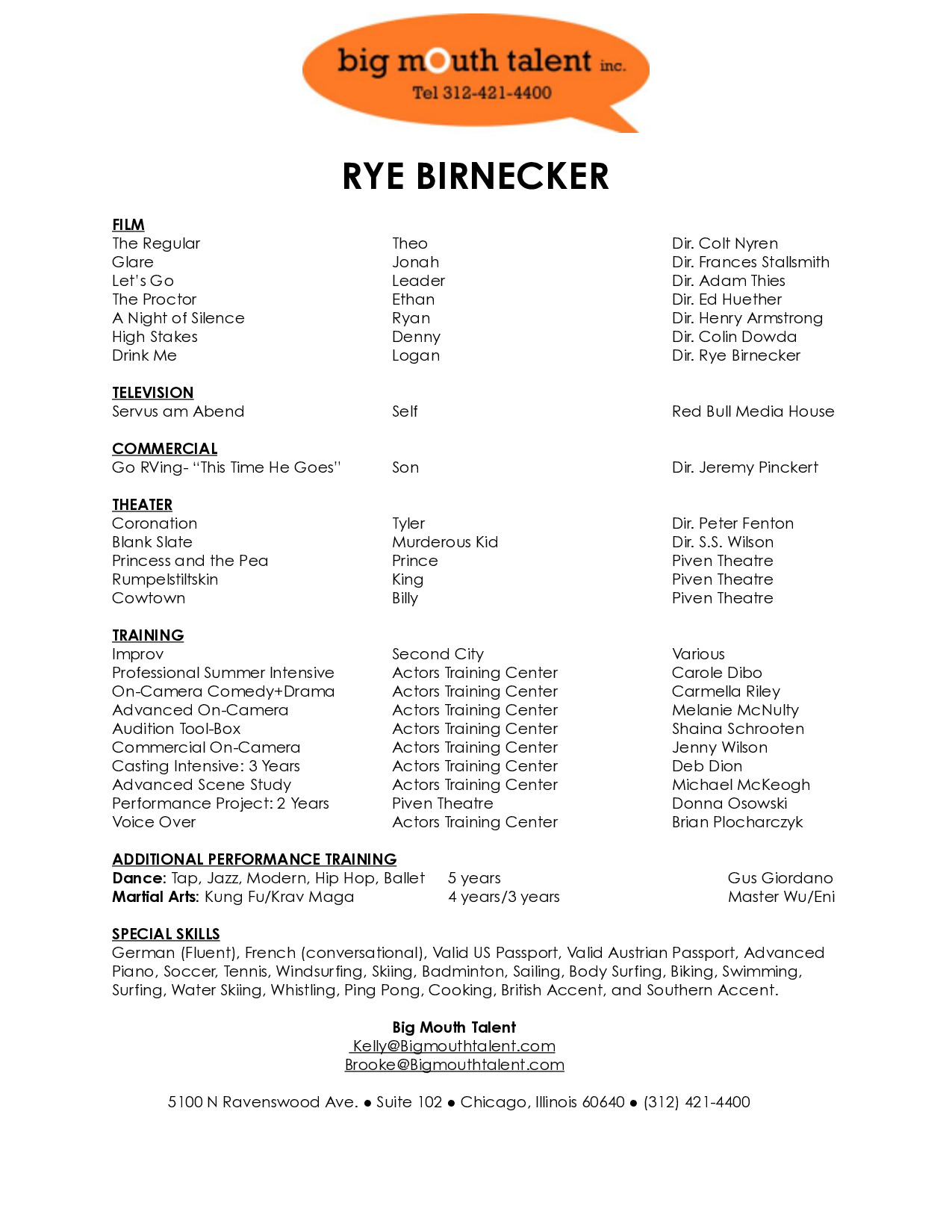 Rye Birnecker acting resume
