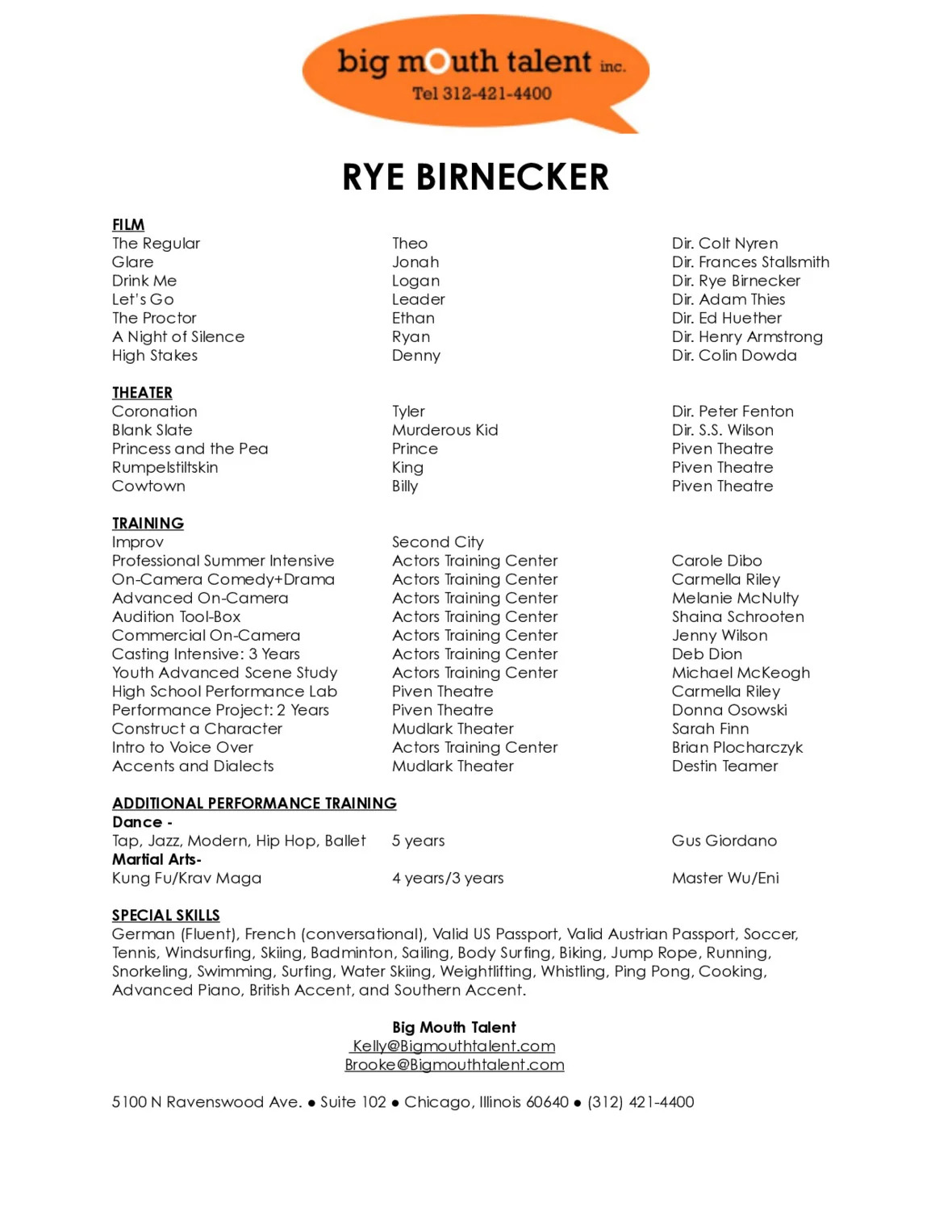 Rye Birnecker acting resume